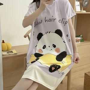 TEMU 여성용 여름 반팔 슬립드레스 - 귀여운 판다 & 하트 프린트 가벼운 통기성 나이트가운, 라운드넥 루즈핏 기계 세탁 가능 파자마 드레스, 청소년 및 성인용 캐주얼 홈웨어, 편안한 라운지웨어, 부드러운 소재, 쉬운 관리 디자인