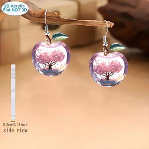 TEMU 2D 플랫 - 핑크 사과와 벚꽃 나무의 재미있는 디자인 프린트, 데일리 매칭에 적합한 플랫 아크릴 귀걸이