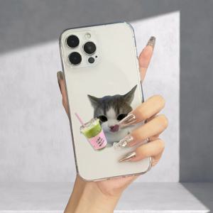 TEMU 휴대폰 케이스 - 주스 고양이 디자인 투명 휴대폰 케이스 1개입, 아이폰 17, 17 에어, 17 프로, 17 프로 맥스, 16, 15, 14, 13, 12, 11, XS, XR, X, 7, 8, 12/13 미니 플러스 프로 맥스 SE 시리즈에 적합, 크리스마스, 생일, 발렌타인데이 선물로 완벽