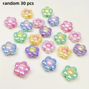 TEMU 30개 랜덤한 밝은 아크릴 꽃 비즈, DIY 보석에 적합 - 다양한 부드러운 색상과 반짝임 색상, 중앙 구멍이 있는 반투명 꽃잎 - 팔찌, 목걸이, 귀걸이, 공예 프로젝트에 완벽, 보석 만들기 매력