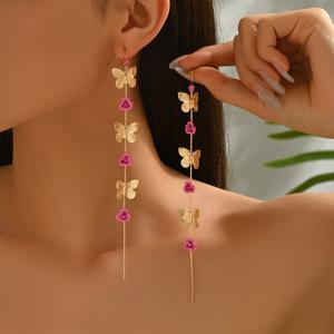 TEMU 빈티지 메탈 스타일과 나비 디자인, 핑크 꽃과 라인스톤 장식이 돋보이는 우아하고 하늘과 닿는 드롭 이어링 한 쌍입니다. 이 긴 태슬 이어링은 , 캐주얼 외출, 파티에 완벽합니다.