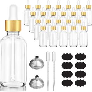 TEMU 암버 유리 스포이드 병 24개 세트, 각 1/2 Oz (30/50ml), 골드 캡, 라벨, 깔때기, 측정용 피펫 포함. 에센셜 오일 보관에 적합.