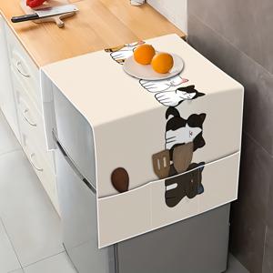 TEMU 1개 평면 고양이 큐프 냉장고 커버 - 귀여운 카툰 캐릭터 디자인, 내구성 폴리에스터 다용도 가전 커버 (싱글/더블 도어 냉장고, 전자레인지, 세탁기 & 건조기용), 장식 주방 액세서리, 재미있는 홈 데코, 쉬운 관리 소재, 애완동물 애호가를 위한 스토리지 포켓 포함