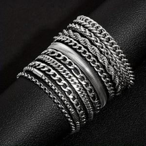 TEMU 10개입 남녀공용 패션 힙합 스타일 304 스테인리스 스틸 쿠바 링크 레이어 브레이슬릿 세트. 고품질 장인 정신, 다양한 스태킹 옵션, 파티에 적합, 남성용, , 선물용, 뮤직 페스티벌에 적합