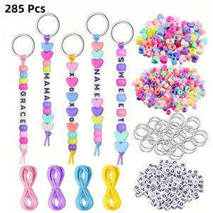TEMU 285/566개 비즈 이름표 키체인 제작 키트, 조절 가능한 A-Z 문자 비즈 키링 백팩 참, 비즈 공예 용품, 비즈 키 체인 제작 공예 알파벳 비즈 주얼리 키 링 추가, 어버이날 선생님 선물 파티를 위한 신학기용|키링