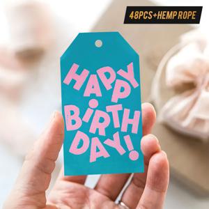 TEMU 48개 행복한 생일 선물 태그 - 화려한 블루 & 핑크 디자인, 파티 장식용 카드 및 선물에 완벽, 내구성 있는 비닐 라벨, 생일 파티 | 강렬한 폰트, 투라인 포함