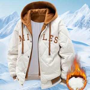 TEMU 2025 신제품 남성용 겨울 따뜻한 재킷, 스마일 레터 자수, 두꺼운 보온 캐주얼 후드 2-in-1 패딩 코트, 캠핑 및 크리스마스용