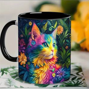 TEMU 11온스 세라믹 커피 머그컵, 생동감 있는 고양이 & 꽃 디자인 - 컬러풀하고 튼튼하며 스타일리시한 홈, 오피스 또는 선물용, 발렌타인데이, 이스터 또는 생일에 완벽한 커피 바 액세서리