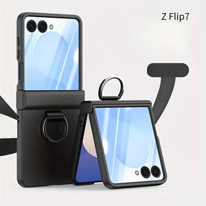 TEMU 삼성 갤럭시 Z 플립7/6/5/4/3 호환 트렌디 링 홀더 폰 케이스 - 마카롱 솔리드 컬러, 피부 친화적 터치, 10가지 색상, 낙하 방지, 힌지 보호, 하드 쉘, 스크린 보호 필름 미포함, 실제 촬영 영상 확인 가능