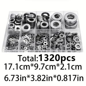 TEMU 304 스테인리스 스틸 재질의 납작한 와셔 1320개 세트 (사이즈 M2, M2.5, M3, M4, M5, M6, M8, M10, M12). 가정 장식, 수리, 주방, 상점 및 야외 건설에 적합한 다양한 사이즈의 와셔 키트