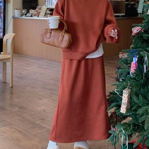 TEMU ZX397 여성용 캐주얼 긴팔 라운드넥 상의 & 스커트 세트 (가을/겨울)