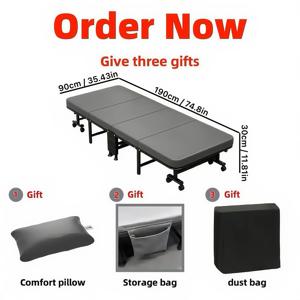 TEMU 1인용 다기능 테크 패브릭 접이식 침대, 고밀도 복원 스펀지 매트리스, 컴팩트 수납 공간, 1/4 크기 접었을 때, 쉬운 조립 및 바퀴 포함 - 가볍고 휴대용 철제 프레임 디자인, 사무실, 야외 또는 가정용|접이식침대|간이침대