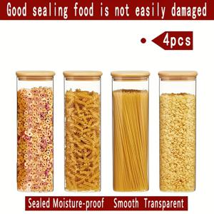TEMU 1개/4개 대나무 뚜껑 투명 유리 보관 용기, 사각 붕규산 유리 병, 방습 밀폐 유리 병, 다용도 병, 파스타, 비스킷, 차, 커피 원두, 밀가루, 콩 등에 적합, 주방 보관|커피