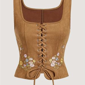 TEMU 여성용 브라운 & 플로럴/리프/스타/버드/비/버블검/하트//레이스 같은 장식이 돋보이는 스퀘어넥 레이스 탑 - 숏 슬리브 레이싱 프론트 클로저 보호-시크 블라우스, 뮤직 페스티벌 & 파티용