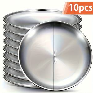 TEMU 다양한 크기로 제공되는 10개 스테인리스 스틸 샐러드 접시, 트레이, 주방 트레이, 캠핑 저녁 접시, 바베큐 뷔페 서빙 접시, 7.87인치, 은색, 크리스마스, 할로윈 및 추수감사절 파티에 적합