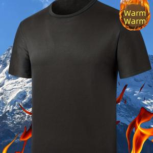 TEMU 캐주얼 웨어용 핏감 좋은 숏슬리브 보온 라운드넥 탑, 가을 겨울 스포츠 러닝용 숏슬리브 보온 탑