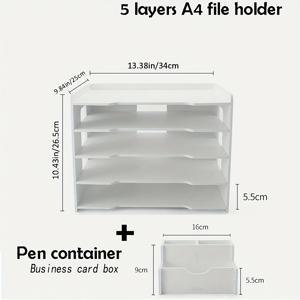 TEMU 5단 사무실 책상 레터 트레이 수납 정리함 + 사무용품 펜 홀더, 명함 보관함, A4 문서 랙 (종이 문서용). 회사 회의 파일 및 홈 오피스 책상 정리에 적합|편지지|A4용지
