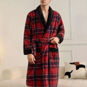 TEMU 남성용 겨울 따뜻한 가운 - 두꺼운 긴팔 목도리 & 벨트 가운 세트, 세탁기 사용 가능 레드 잠옷, 파자마 (코랄 플리)