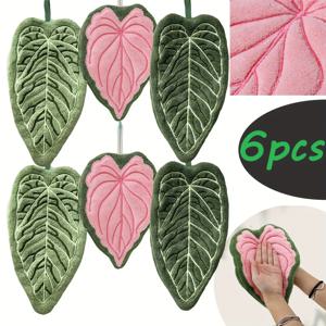 TEMU 6개 코랄 플리스 핸드 타월 - 빠른 건조, 부드럽고 흡수성, 핑크, 그린, 잎사귀 패턴의 하트 모양, 주방 및 욕실 사용에 적합, 크리스마스 및 할로윈 장식에 이상적, 욕실 타월 | 하트 모양 타월 | 퀵 드라이 타월, 주방 타올, 고리 타월, 극세사 손수건, 플러시 핸드 타월, 고리 수건, 키친 타올|샤워타올