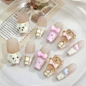 TEMU 10개 세트 핸드메이드 프레스온 네일 - 롱 코핀 쉐입 (아몬드보다 짧음) 풀 커버리지 인조 네일, 3D 갈색 곰 & 리본/핑크 리본/꼬리 리본, 화이트 스펙클 프렌치 팁, 광택 처리, 파티, 댄스, 데일리 웨어용