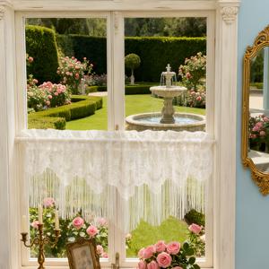 TEMU 1패널 프렌치 컨트리 화이트 레이스 커튼 패널 - 프린지 트림 - 필터링 쉬어 패널, 거실, 침실, 주방용 - 우아한 프렌치 스타일 창문 드레이프 (위험 없음)