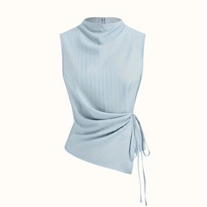 TEMU 여성용 캐주얼 민소매 스탠드칼라 텍스처드 플리츠 타이 노트 작업 조끼