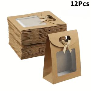 TEMU 12/15개입 우아한 갈색 종이 선물 가방 (투명 창문 포함) | 튼튼한 판지 뒷면, 둥근 모서리 & 끈으로 묶는 스탠드업 디자인, 파티, 생일, 결혼식에 적합