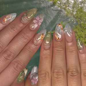 TEMU 24개입 플로럴 디자인의 프레쉬 핑크 웨어러블 아머. 3D 수생 식물과 금붕어 젤 네일이 특징입니다. 조합에 완벽하며, 달콤하고 시원한 풀 커버를 제공하며, 축제 행사에 이상적이며 여성 및 여성 선물로 적합합니다.