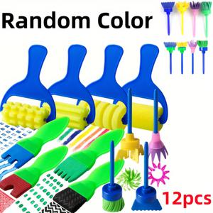 TEMU 12pcs 세척 가능한 페인트 브러쉬 세트 (폼 롤러 및 스펀지 어플리케이터 포함) - 내구성 있는 블루 핸들로 쉬운 미술 및 공예 프로젝트, 스텐실 및 청소 도구 포함