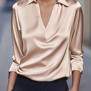 TEMU 여성용 우아하고 반짝이는 V넥 긴팔 블라우스