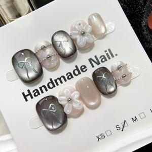 TEMU 10개입 핸드페인팅 3D 조각 숏 프레스온 네일 - 리본 & 캣아이 디자인, 초콜릿 브라운 & 핑크 글로시 인조 네일, 유럽 스타일 스퀘어 여성용 겨울 네일 아트 선물