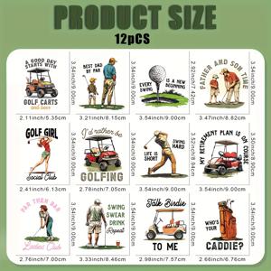 TEMU 12개 골프 테마 DTF 전사 스티커 - 세탁 가능한 핫 프레스 디자인, 티셔츠, 마스크, 청바지, 백팩용 - 생생한 골프 클럽, 선수, 풍경 데칼, 골프 액세서리|골프용품