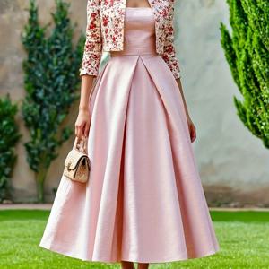 TEMU 여성 빈티지 스타일 핑크 플레어 가을/겨울 드레스, 숏 플로럴 재킷 세트로 연출된 우아한 파티 및 모임에 완벽한 여성용 투피스 의상|가을원피스