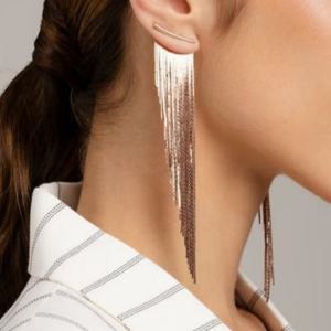 TEMU 유니크한 태슬 디자인의 우아한 로즈 골드 귀걸이. 특별한 날을 위한 고급스러운 드롭 귀걸이를 찾는 여성에게 완벽하며, 매우 긴 프린지 디테일이 특징입니다.