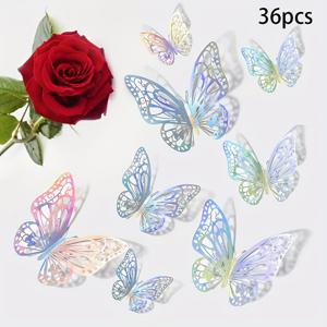 TEMU 36개 3D 나비 벽 스티커, 골드 & 실버 멀티컬러 파티 장식, 생일, 웨딩, 풍선룸 장식용