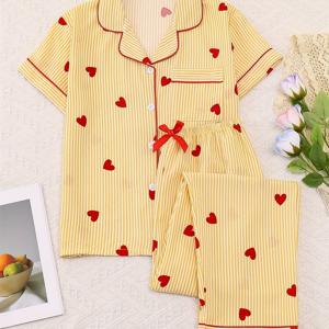 TEMU 2개입 노란색 잠옷 세트 (빨간색 하트 장식) | 반팔 가디건 및 탄성 허리 긴 바지, 봄/여름/가을에 편안함, 버튼 디테일, 성인용으로 적합