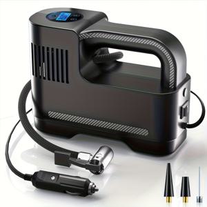 TEMU 휴대용 타이어 공기 주입기, 12V 유선 에어 컴프레서, 배터리 없이 빠른 공기 주입, 디지털 압력 게이지/LED 조명 에어 펌프, 다양한 노즐 부착물 포함, 자동차, SUV, 픽업 트럭 등에 적합