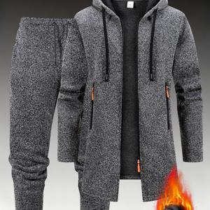 TEMU 남성용 단색 패션 2종 세트, 남성용 발렌타인데이 선물, 신상 가을/겨울 빈티지 스타일 세트, 니트 혼방 원사 원단, 미디엄 기장 후드 자켓, 드로스트링 허리와 주머니가 있는 맞춤 바지, 앞면 지퍼, 아웃도어 스포츠 및 데일리 캐주얼웨어용, 따뜻하고 편안함, 트렌디한 의상, 아늑한 가을/겨울 원단, 다양한 색상 선택 가능|남자바지