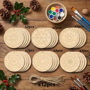 TEMU 24개 세트 목재 만다라 장식 - 공예, 웨딩, 홈 데코용 - 12개 만다라 & 12개 끈 포함, DIY 만다라 벽걸이, 웨딩/데코, 휴일 장식, 공예용 (인조)