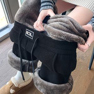 TEMU 2025년 신상 여성용 기모 안감 레그 팬츠, 두꺼운 보온 와이드 레그 트라우저, 겨울철에 패셔너블하고 캐주얼한, 다용도 루즈핏|냉장고바지|바지