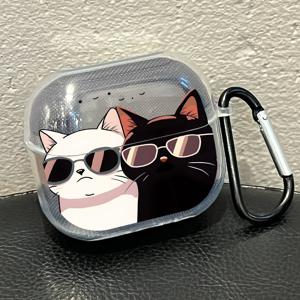 TEMU 7101 블랙 앤 화이트 고양이 패턴 안경 패턴 삼성 Buds3 이어폰 케이스 갤럭시 Buds3Pro 이어폰 쉘 삼성 갤럭시 Buds3/Buds3Pro 이어폰 투명 보호 케이스 키체인 미끄럼 방지 이어폰 쉘