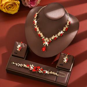 TEMU 1세트 우아한 여성용 주얼리 세트 - 패션 리프 디자인 목걸이, 귀걸이, 팔찌, 정장 연회 & 기념일, 어머니날 선물, 다양한 행사에 적합: 파티, 결혼식, 신부, 무도회, 파티 의상, 사계절 액세서리