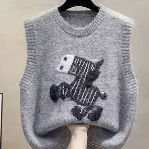 TEMU 귀여운 말 자카드 조끼 | 여성용 우아한 크루넥 민소매 스웨터, 가을/겨울, 일본 스타일 레이어링