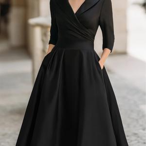 TEMU 포켓이 있는 우아한 블랙 드레스 | V넥, 단색, 페플럼 스타일, 봄/여름에 완벽, 결혼식 및 이브닝에 이상적