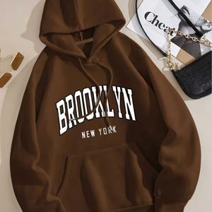 TEMU KCVR 브루클린 & 뉴욕 알파벳 프린트 여성 후드 풀오버 스웨트셔츠, 부드럽고 약간의 스트레치, 패딩 처리, 캐주얼 칼리지 스타일, 포켓 및 드로스트링 포함, 가을 겨울 데일리룩을 위한 프레피 디자인