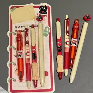 TEMU 포 애플 캣 리트랙터블 젤 펜 세트, 네 가지 스타일 한 세트, 레드 오렌지 컬러 & 블랙 귀여운 고양이 디자인, 소프트 그립, 부드러운 필기, 학생 일상 필기용 사무용 0.5mm