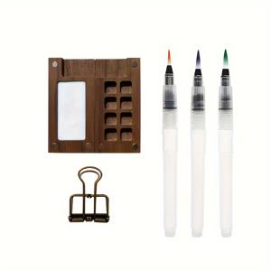 TEMU 5개 세트 월넛 색상 미니 수제 편리한 나무 수채화 포장 상자 미니 드로잉 보드/펜/긴 꼬리 클립 세트 (색료 없음, 빈 상자)
