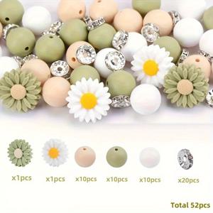 TEMU 52개 실리콘 데이지 & 라인스톤 비즈 - 12mm 둥근 반짝이는 매력 비즈, 꽃 디자인 주얼리 만들기용, DIY 공예, 열쇠고리, 팔찌 및 목걸이 & 홈 데코 - 다색 옵션, 스페이서 비즈, 매끄러운 마감, 공예 애호가를 위한