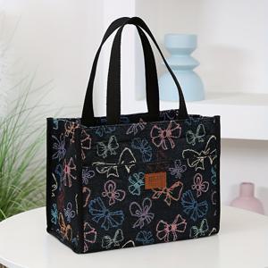 TEMU 신상품, 두꺼운 자카드 니트 토트백, 대용량 휴대용 도시락 보관 가방, 직장인용 벤토백, 야외 피크닉, 도시락 보관, 앞면 지퍼 포켓, 런치백, 핸드백. 개학 시즌, 빈티지, 에스닉 스타일, 비식품 접촉