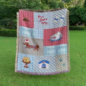 TEMU 부드러운 스타일 자카드 태슬 직조 담요, 만화 체크무늬 강아지 패턴, 두꺼운, 찢어짐 방지, 세탁 가능, 쉬운 관리, 변색 및 볼링 없음, 야외 캠핑, 피크닉, 소파, 사무실, 침대 및 거실 장식에 적합